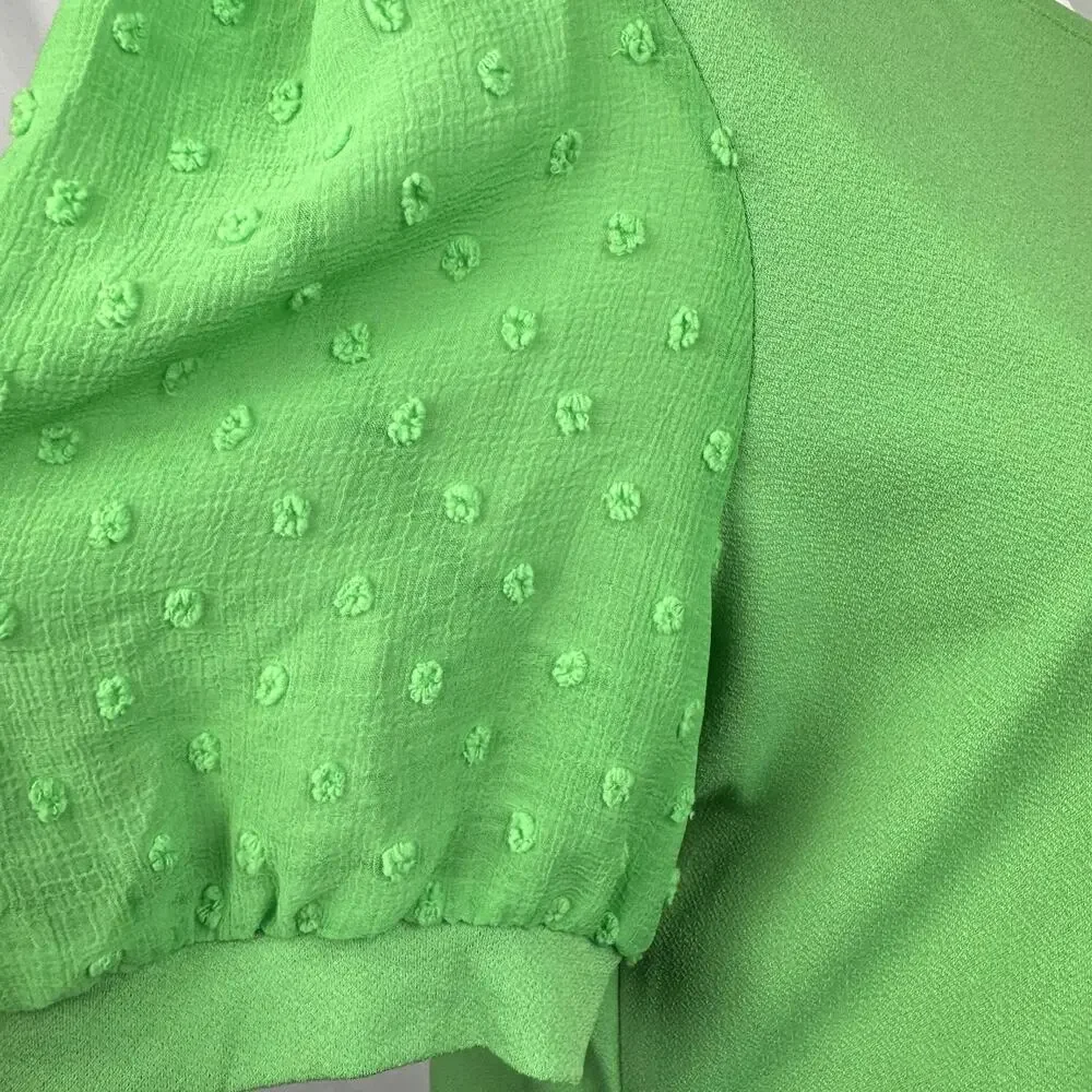 Carmen‎ Womens Blouse Large Green Sheer Puff Sleeve Mixed Media Stretch Knit Top - Picture 6 of 10